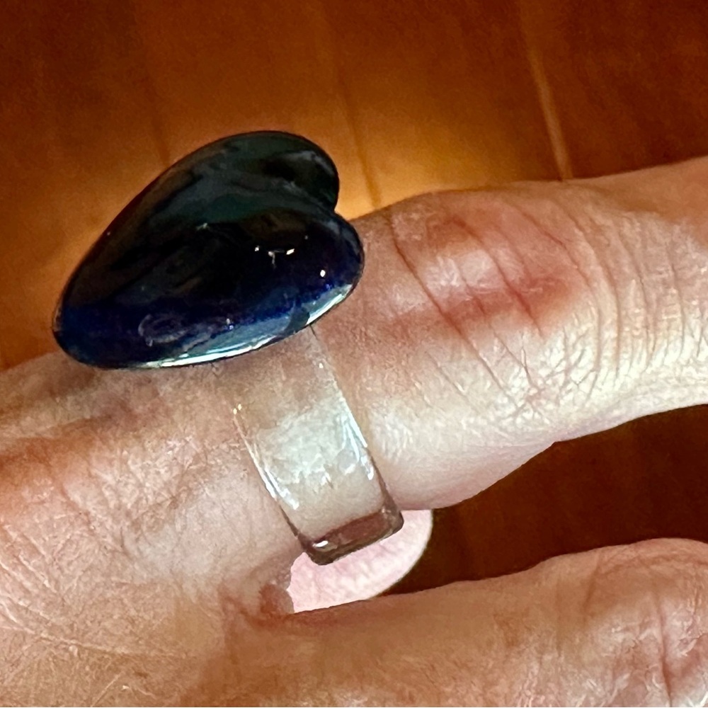 Glass Ring Large Blue Heart with clear glass band. Approx. size 7.75 EUC